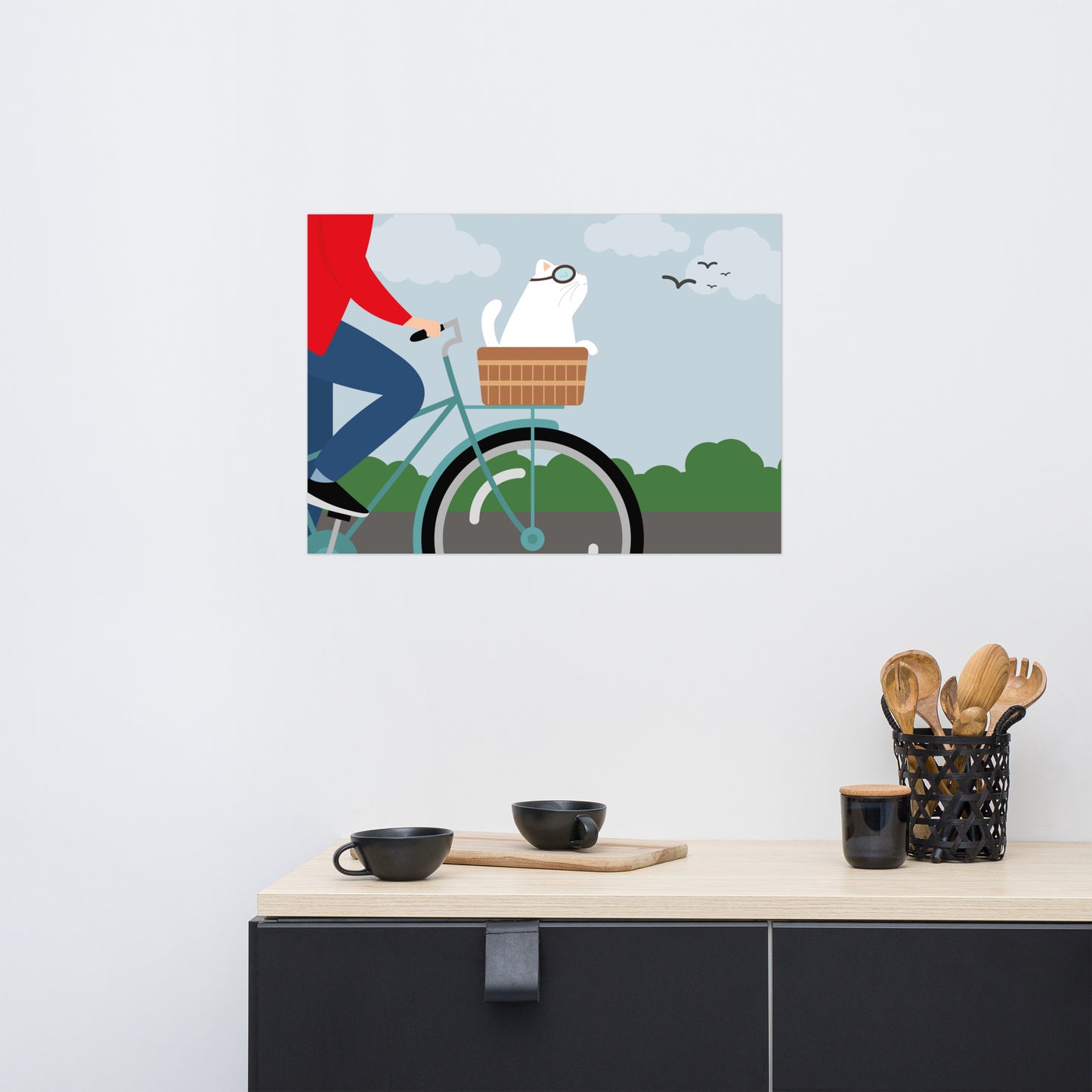 Artprint Fietsen met kat - Burones